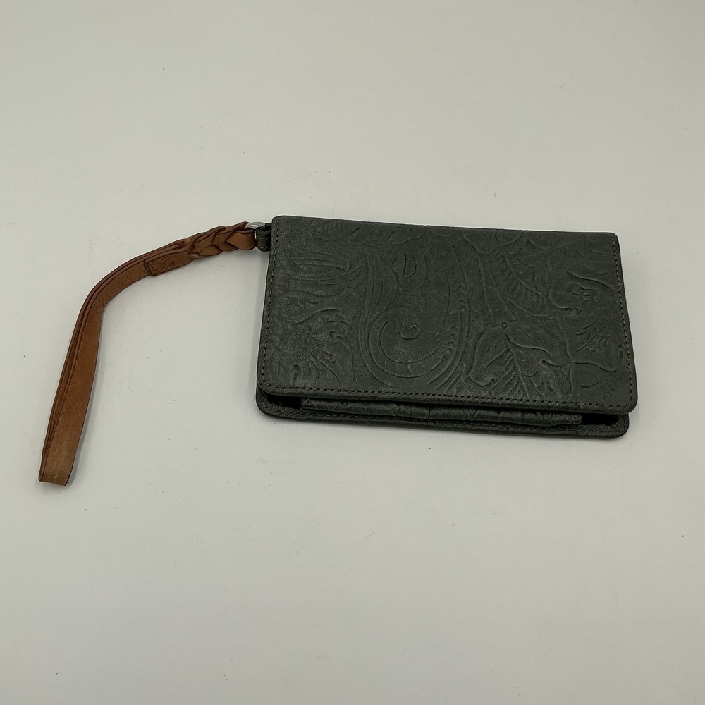 Margot Gray Embossed Leather Floral Paisley Wristlet Wallet Slim ID Card Holder